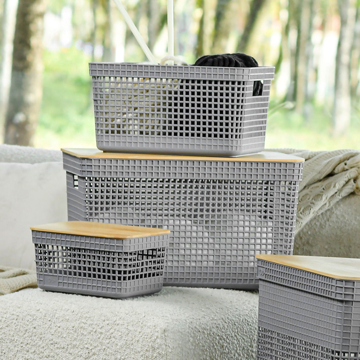 Kit de cestos organizadores com tampa de bambu Ou 3 peças Linha Grid