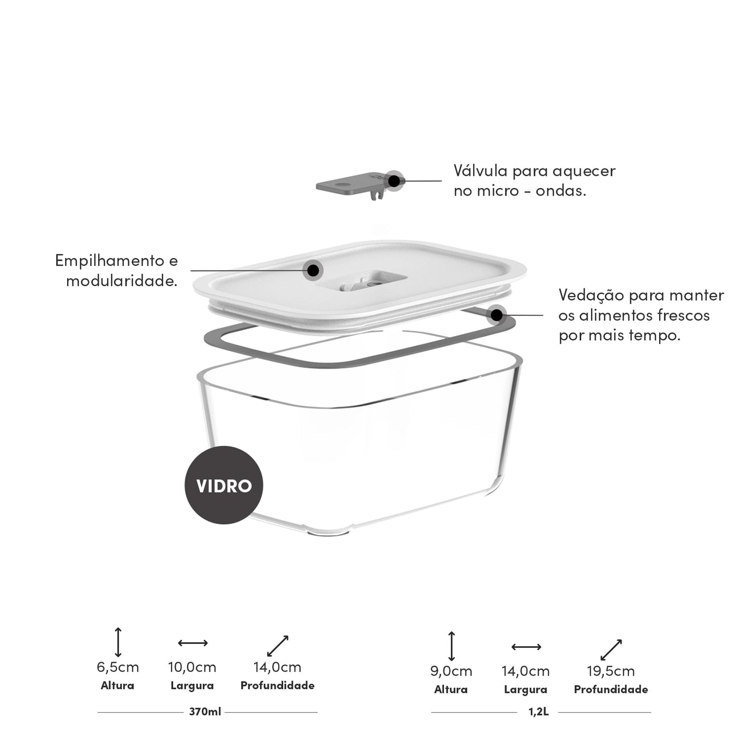 Kit de potes de vidro hermético Ou 1,2 L e 370 ml Linha Fresh Lock