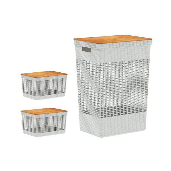 Kit de cestos organizadores com tampa de bambu Ou 3 peças Linha Grid