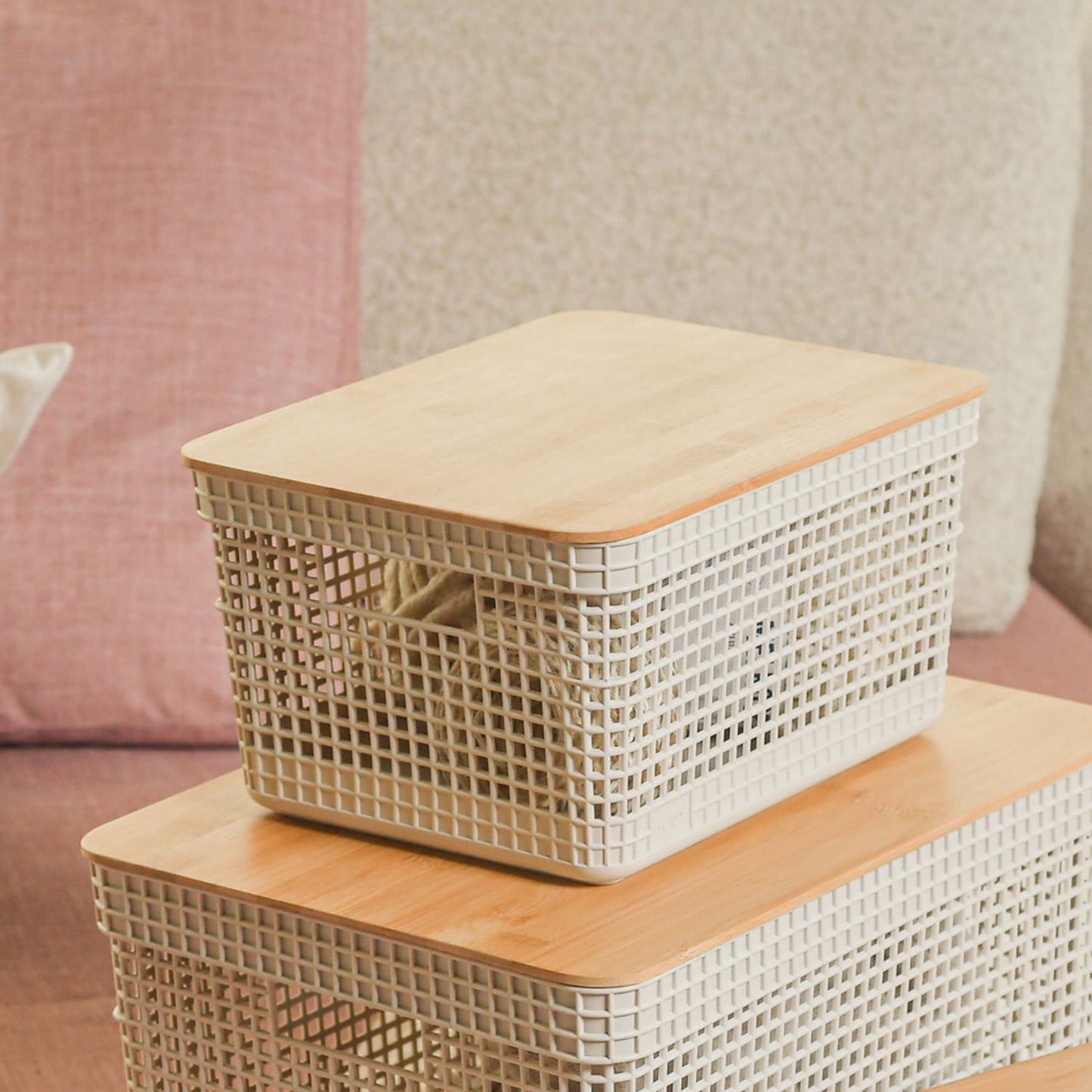 Kit de cestos organizadores com tampa de bambu Ou 3 peças Linha Grid