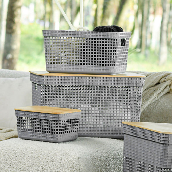 Kit de cestos organizadores com tampa de bambu Ou 3 peças Linha Grid