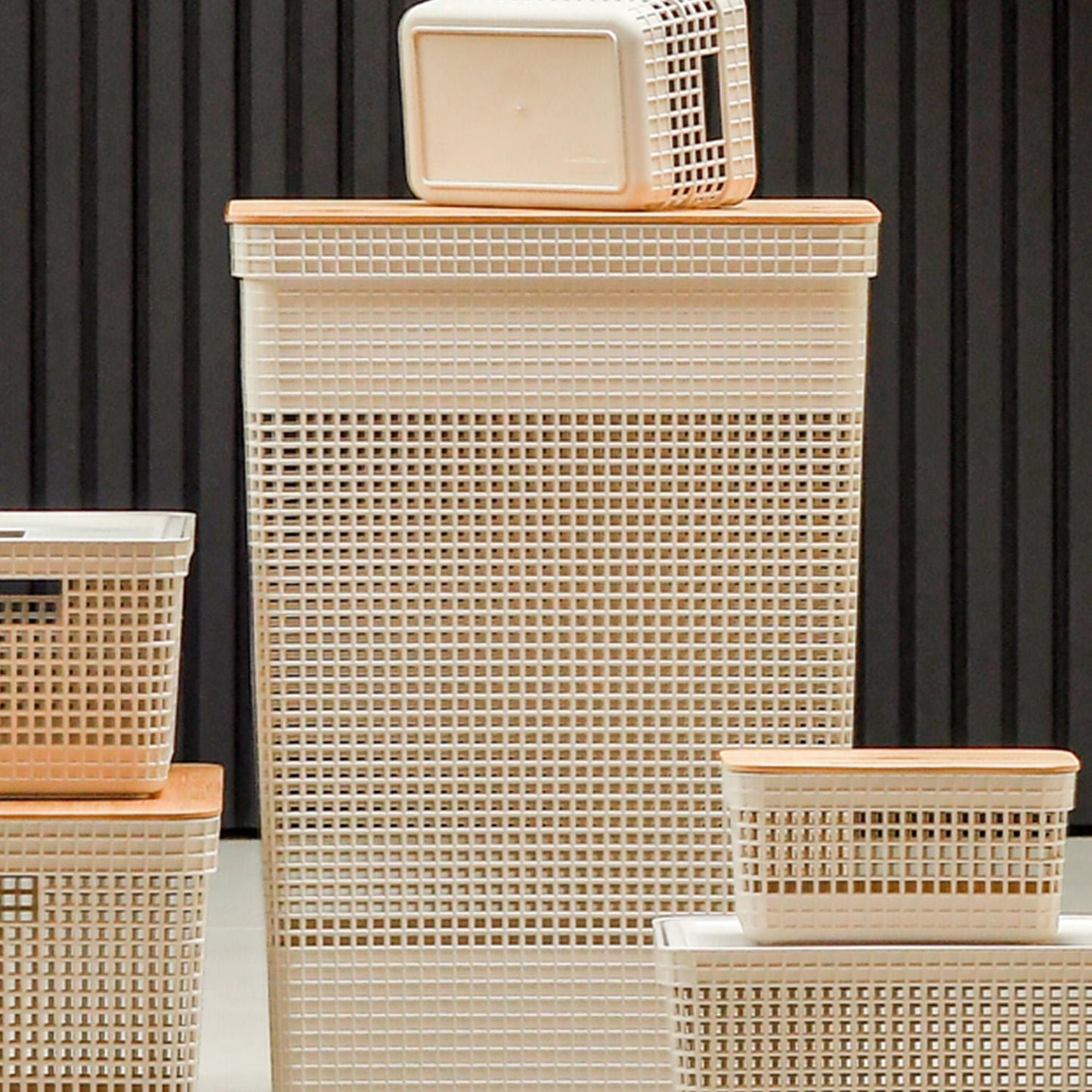Kit de cestos organizadores com tampa de bambu Ou 3 peças Linha Grid - Ou