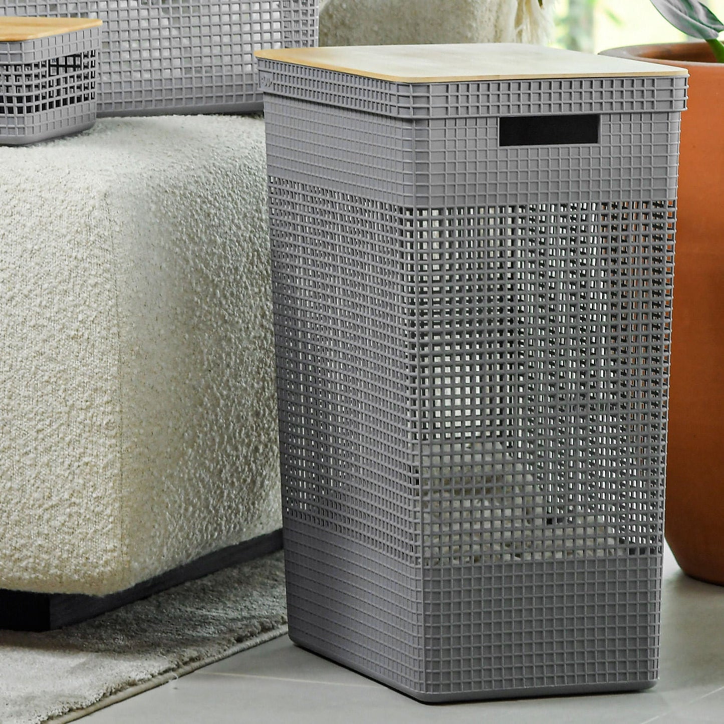 Kit de cestos organizadores com tampa de bambu Ou 3 peças Linha Grid - Ou