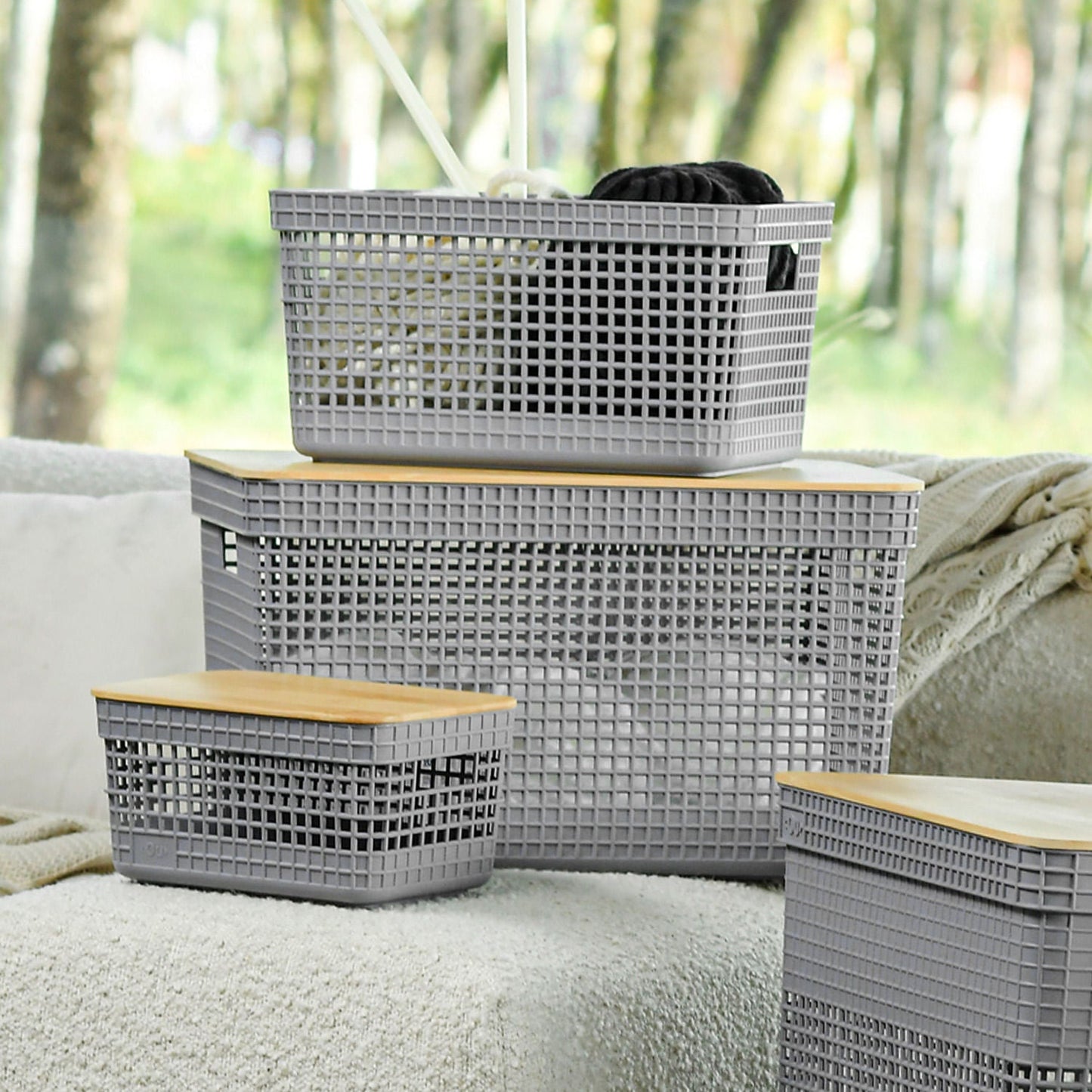 Kit de cestos organizadores com tampa de bambu Ou 3 peças Linha Grid - Ou