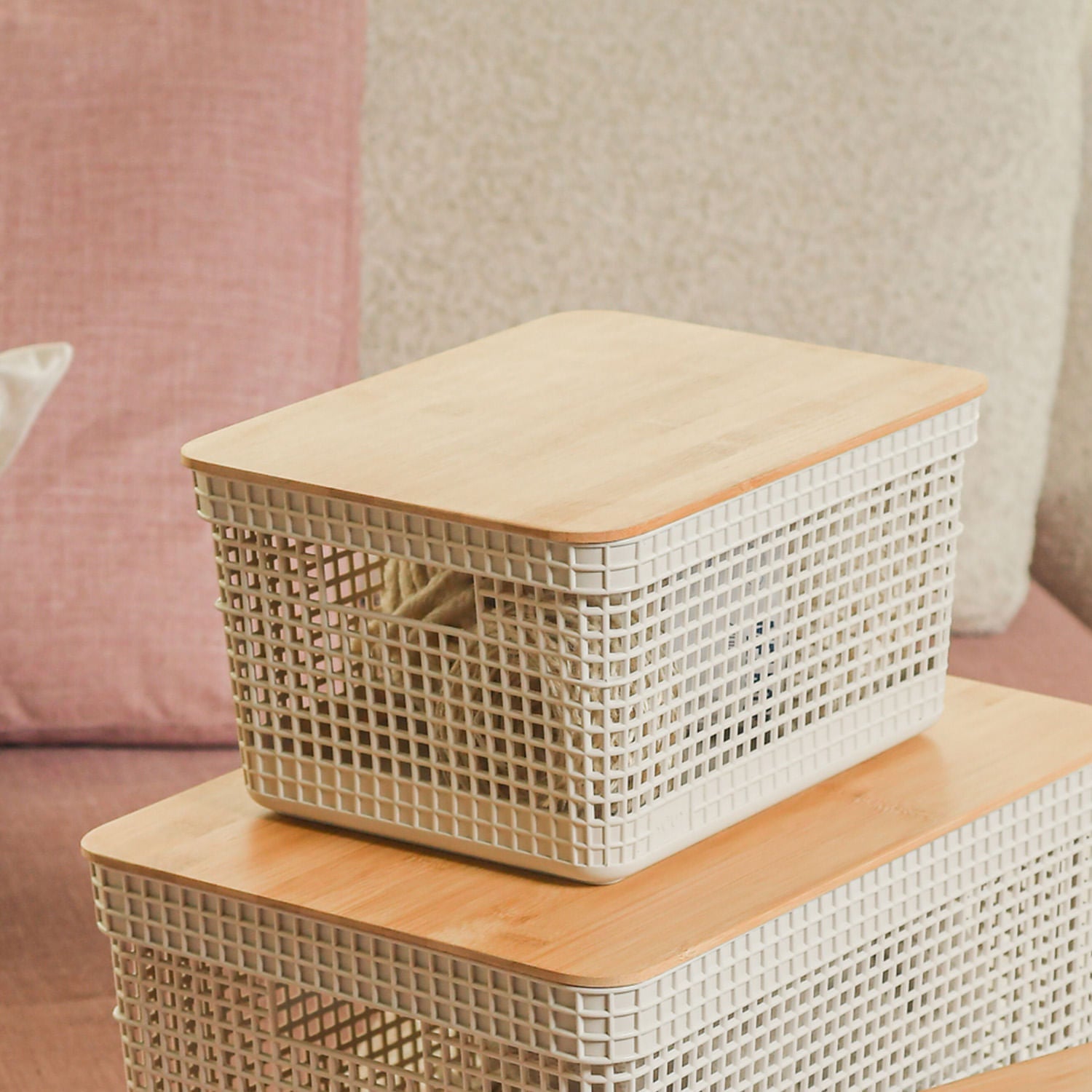 Kit de cestos organizadores com tampa de bambu Ou 3 peças Linha Grid - Ou