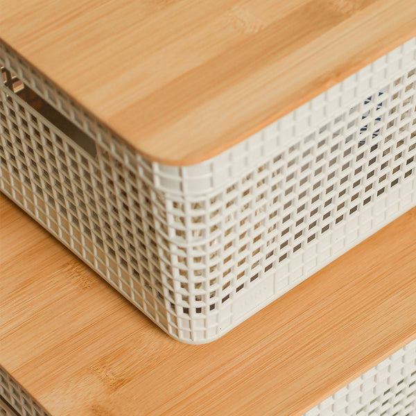 Kit de cestos organizadores com tampa de bambu Ou 3 peças Linha Grid - Ou