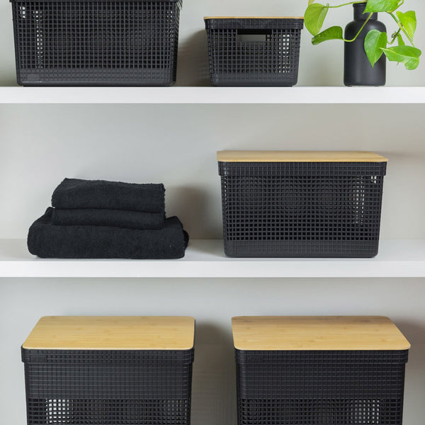 Kit de cestos organizadores com tampa de bambu Ou 3 peças Linha Grid - Ou