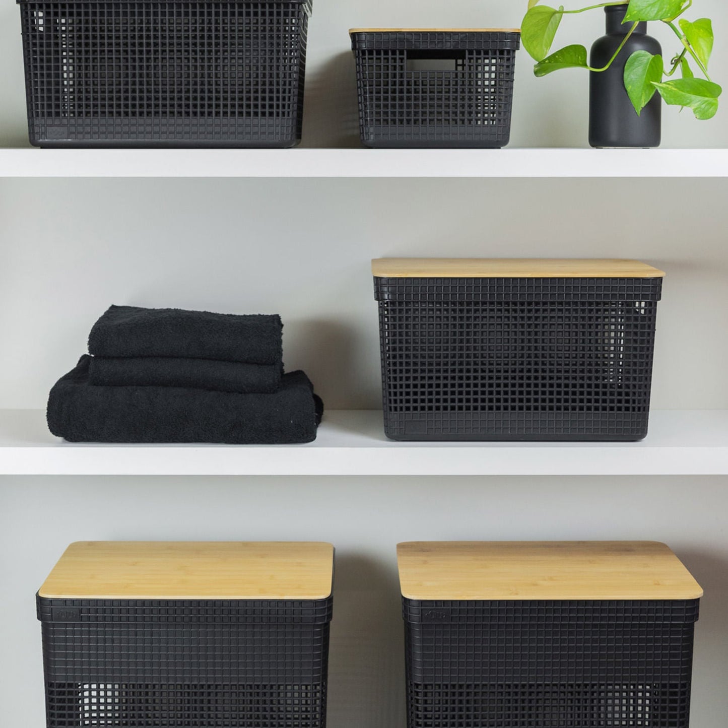 Kit de cestos organizadores com tampa de bambu Ou 3 peças Linha Grid - Ou